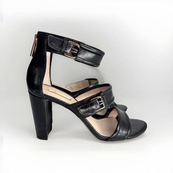 Louise Et Cie Leather Sandals Heels Black Sz 9.5 Peep Toe - Picture 1 of 8